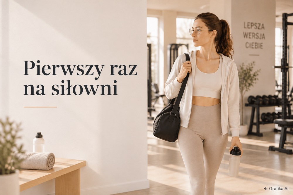 Kobieta z torbą sportową i butelką wody podczas pierwszej wizyty na siłowni.