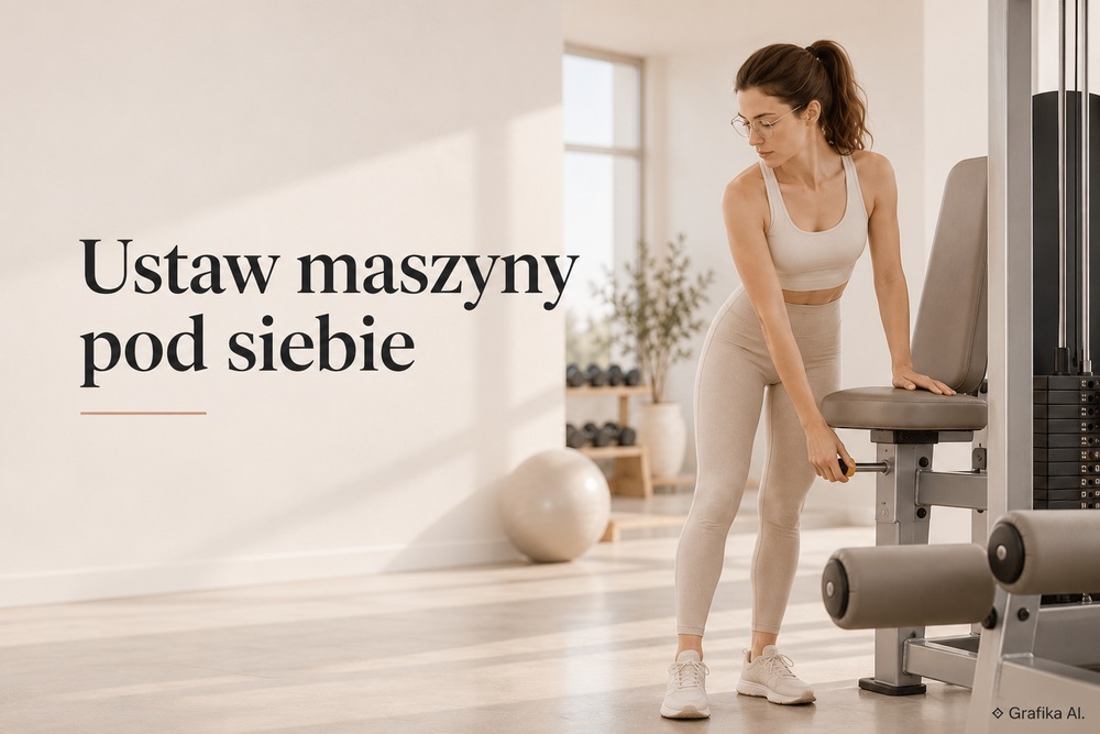 Kobieta reguluje wysokość siedziska maszyny na siłowni przed rozpoczęciem ćwiczenia.