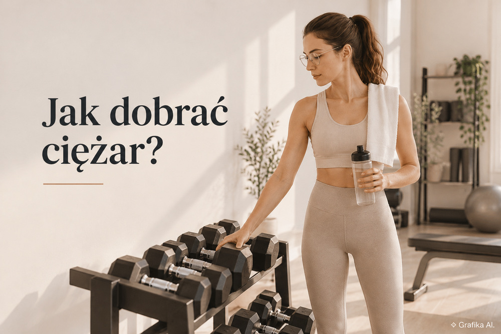 Kobieta dobierająca hantel ze stojaka na siłowni przed rozpoczęciem serii roboczej.